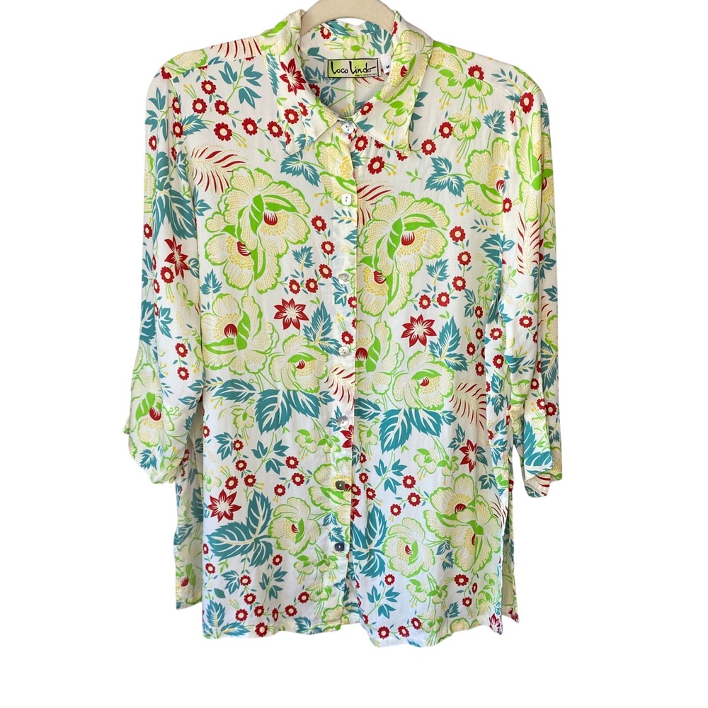 VTG Loco Lindo Womens M Floral Button Down Shirt 3/4 Sleeve Tropical Made in USA